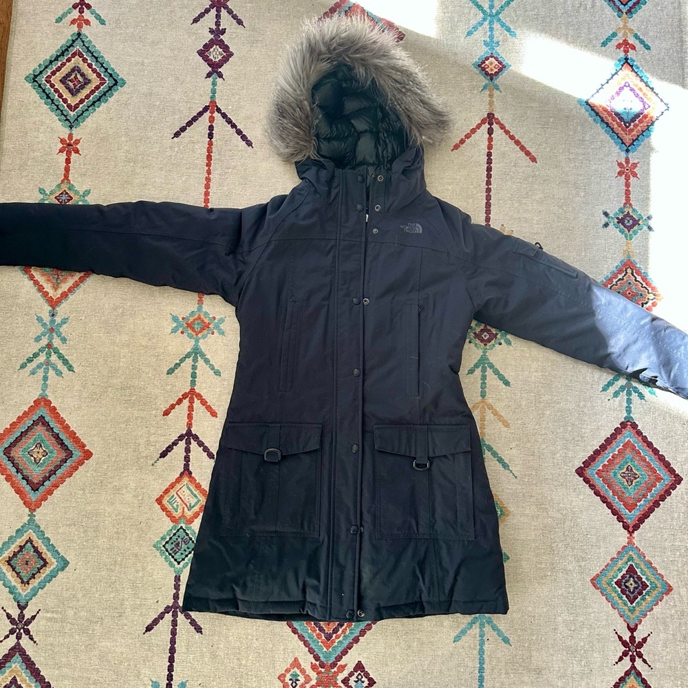 The North Face Women's Dark Blue winter Parka with faux Fur Hood